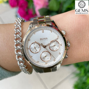 Ladies Hugo Boss Watch Stainless Steel Silver & Rose Tone Strap, White Dial, Mini Dials SKU 4012061