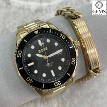 Load image into Gallery viewer, Gents Hugo Boss Watch Stainless Steel Gold Tone Strap, Black Dial/Case, Date SKU 4012089
