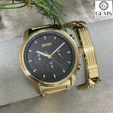 Load image into Gallery viewer, Gents Hugo Boss Watch Stainless Steel Gold Tone Strap, Black Dial, Gold Tone Accents SKU 4012145
