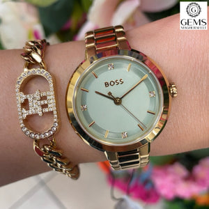 Ladies Hugo Boss Watch Stainless Steel Gold Tone Strap, Mint Green Dial SKU 4012162