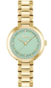 Ladies Hugo Boss Watch Stainless Steel Gold Tone Strap, Mint Green Dial SKU 4012162