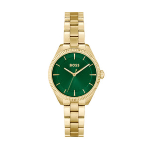 Ladies Hugo Boss Watch Green Dial, Stainless Steel Gold Tone Bracelet Strap SKU 4012166