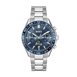 Gents Hugo Boss Watch Blue Chrono Dial, White Hands, Stainless Steel Silver Tone Bracelet Strap SKU 4012168