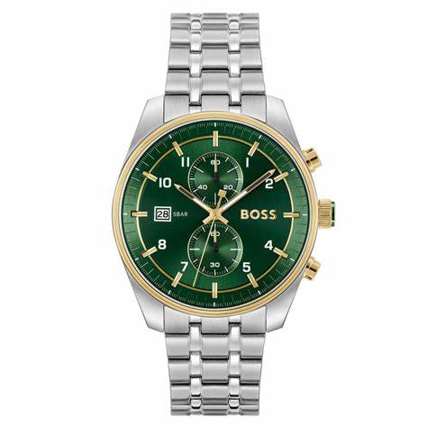 Gents Hugo Boss Watch Green Dial, Stainless Steel Silver Tone Strap Gold Tone Ascents SKU 4012169