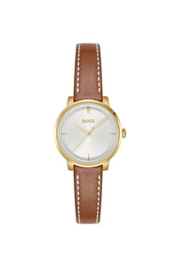 Ladies Hugo Boss Watch Tan Leather Strap, Silver Tone Dial, Gold Tone Case SKU 4012184
