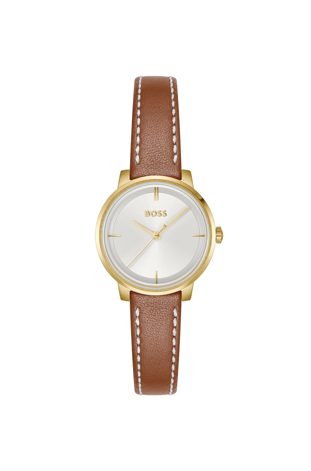 Ladies Hugo Boss Watch Tan Leather Strap, Silver Tone Dial, Gold Tone Case SKU 4012184