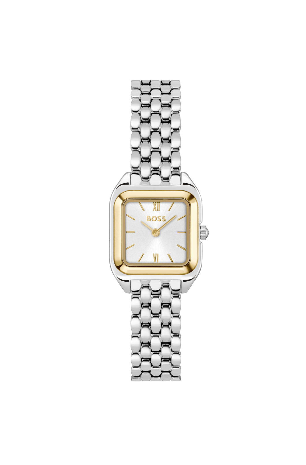 Ladies Hugo Boss Watch Stainless Steel Silver Tone Strap, Silver Tone Square Dial, Gold Tone Case SKU 4012185