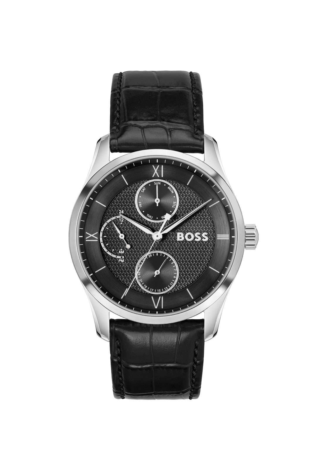 Gents Hugo Boss Watch Black Leather Strap, Black Tone Dial, Mini Dials SKU 4012189