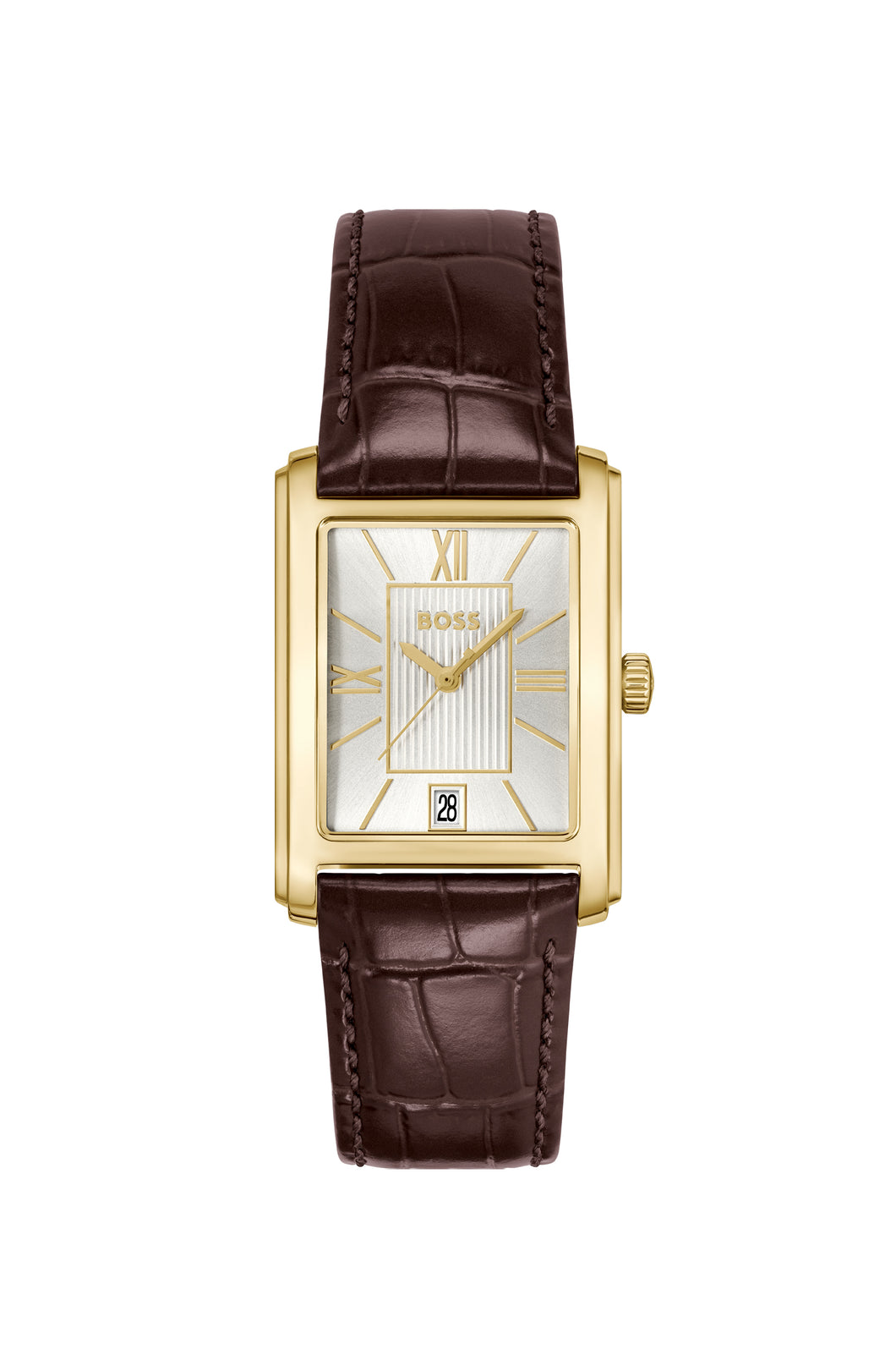Gents Hugo Boss Watch Brown Leather Strap, Silver Tone Rectangle Dial, Gold Tone Case, Date SKU 4012191