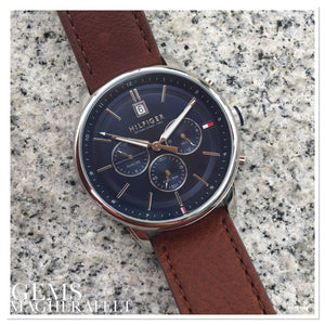 Gents Tommy Hilfiger Watch Brown Leather Strap Blue Multi Dial SKU 4016097