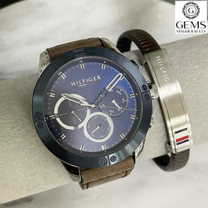 Gents Tommy Hilfiger Watch Brown Leather Strap, Blue Dial, Multi Dials, Blue Case SKU 4016215