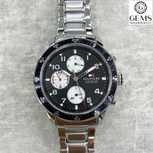 Load image into Gallery viewer, Gents Tommy Hilfiger Watch Stainless Steel Silver Tone Strap, Black Dial, White Tone Hands SKU 4016239
