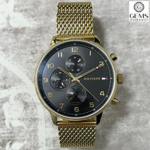 Gents Tommy Hilfiger Watch Stainless Steel Gold Tone Mesh Strap, Black Dial, Gold Tone Hands SKU 4016246