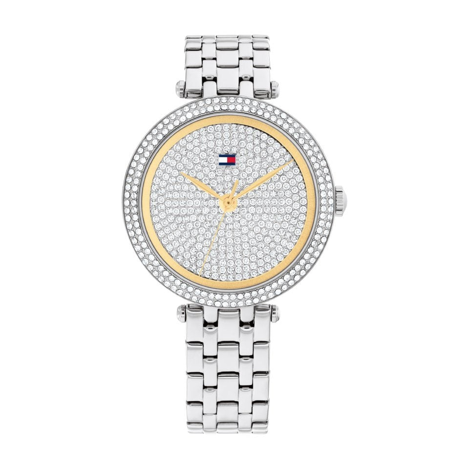 Ladies Tommy Hilfiger Watch Stainless Steel Silver Tone Strap Stone Set & Gold Tone Accents Dial SKU 4016288