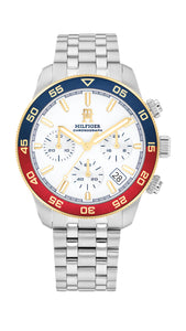 Gents Tommy Hilfiger Watch Stainless Steel Silver Tone Strap, Silver Dial, Red/Blue Case SKU 4016307