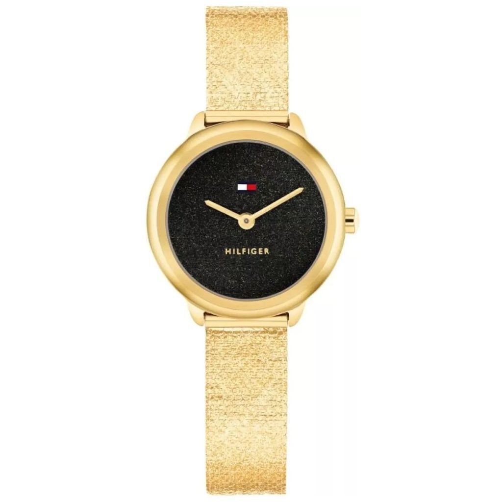 Tommy Hilfiger Ladies Watch, Stainless Steel Gold Tone Mesh Strap, Black Dial SKU 4016328