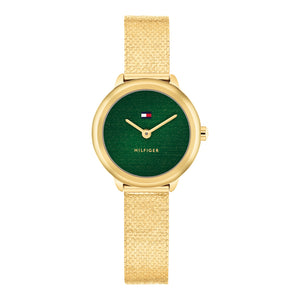 Tommy Hilfiger Ladies Watch, Stainless Steel Gold Tone Mesh Strap, Green Dial SKU 4016329