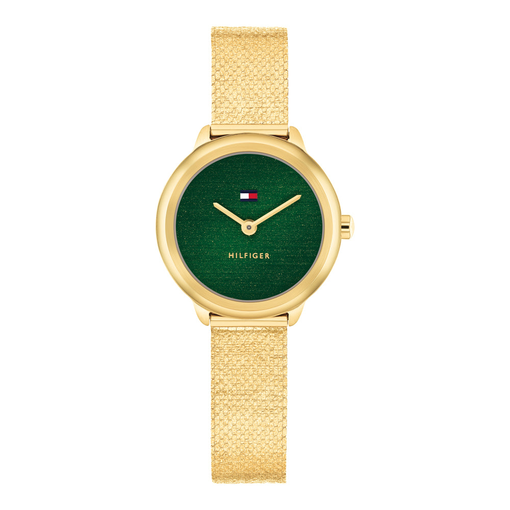 Tommy Hilfiger Ladies Watch, Stainless Steel Gold Tone Mesh Strap, Green Dial SKU 4016329