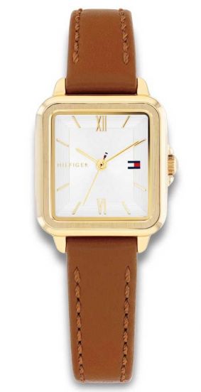 Tommy Hilfiger Ladies Watch, Tan Leather Strap, White Rectangle Dial SKU 4016330