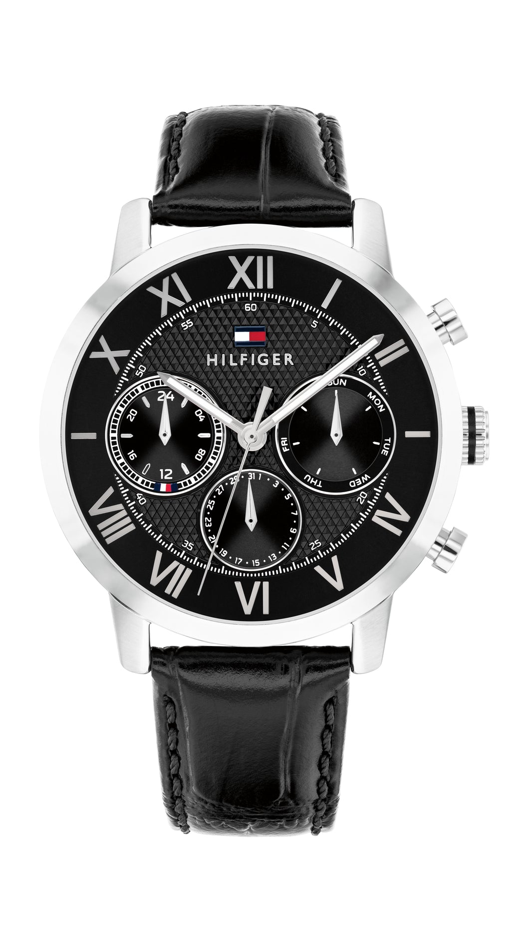 Tommy Hilfiger Gents Watch, Black Leather Strap, Black Dial, Mini Dials SKU 4016331