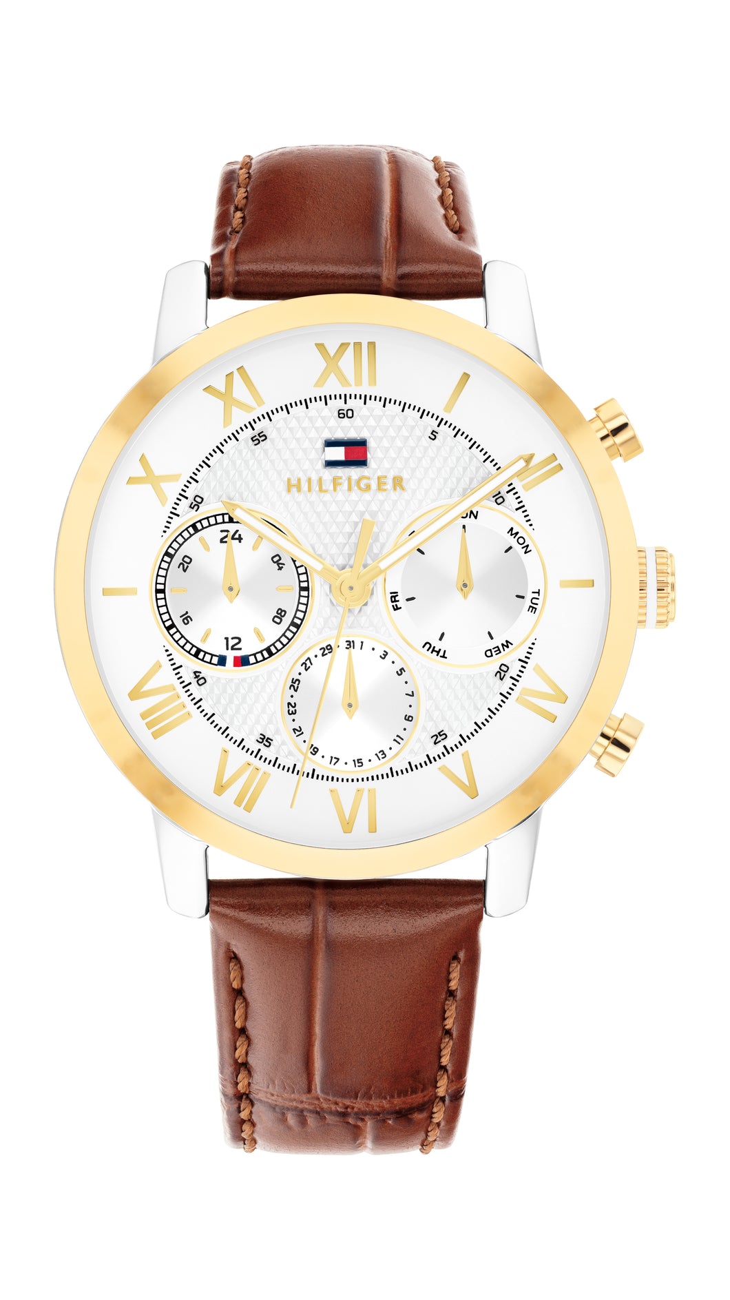 Tommy Hilfiger Gents Watch, Tan Leather Strap, White Dial, Mini Dials SKU 4016332