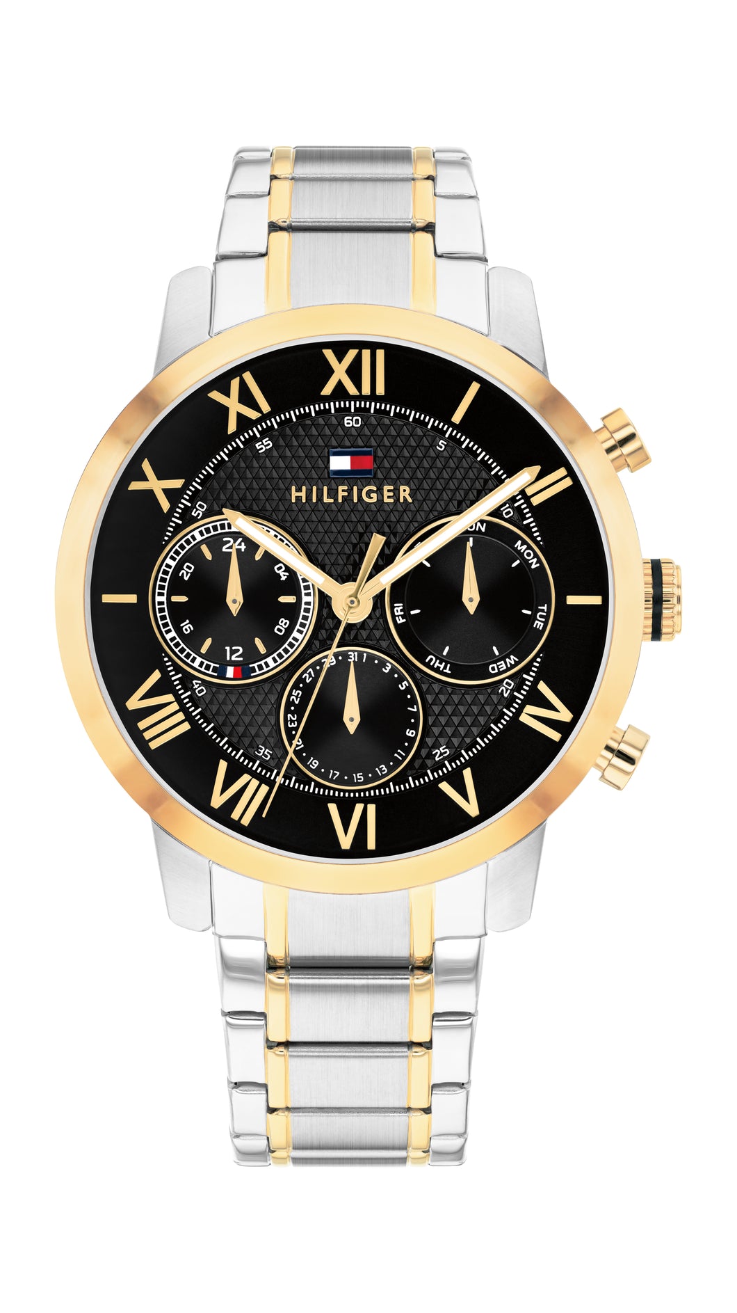 Tommy Hilfiger Gents Watch, Stainless Steel Silver Gold Tone Strap, Black Dial, Mini Dials SKU 4016334