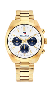 Tommy Hilfiger Gents Watch, Stainless Steel Gold Tone Strap, White Dial, Mini Dials SKU 4016339