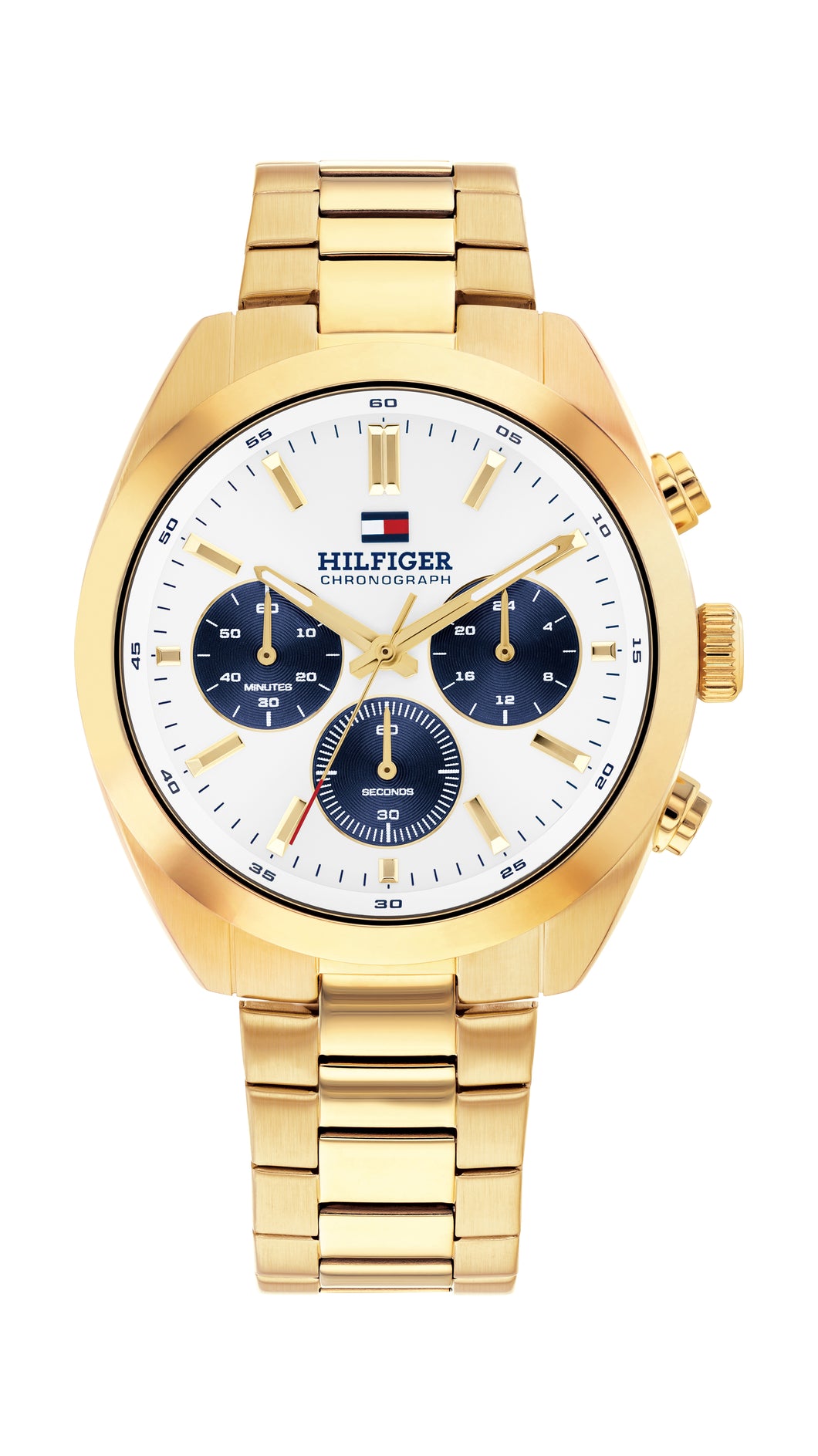 Tommy Hilfiger Gents Watch, Stainless Steel Gold Tone Strap, White Dial, Mini Dials SKU 4016339