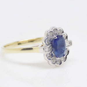 9ct Yellow Gold Oval Sapphire, Round Brilliant Diamond Halo and Baguette Diamonds each side SKU 5706901