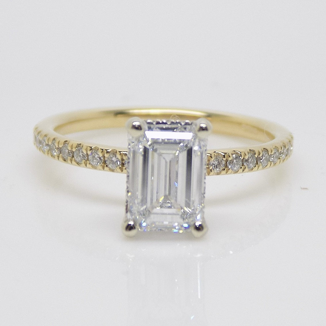 18ct Yellow Gold and White Gold Claws Lab Grown Emerald Cut Diamond, Peek-a-boo Diamonds Engagement Ring 1.70ct SKU 7707098