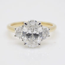 Load image into Gallery viewer, 18CT Y/G and Platinum Head 3 Lab Grown Diamonds, Centre Oval and 2 side Half Moon, 2.51ct Engagement Ring SKU 7707109
