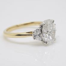 Load image into Gallery viewer, 18CT Y/G and Platinum Head 3 Lab Grown Diamonds, Centre Oval and 2 side Half Moon, 2.51ct Engagement Ring SKU 7707109
