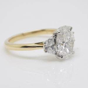 18CT Y/G and Platinum Head 3 Lab Grown Diamonds, Centre Oval and 2 side Half Moon, 2.51ct Engagement Ring SKU 7707109