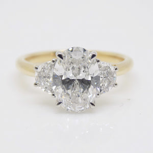 18CT Y/G and Platinum Head 3 Lab Grown Diamonds, Centre Oval and 2 side Half Moon, 2.51ct Engagement Ring SKU 7707109