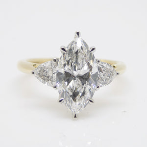 18CT YG and Platinum Head 3 Lab Grown Diamonds, Centre Marquise side Rounded Trillions 2.54ct Engagement Ring SKU 7707110