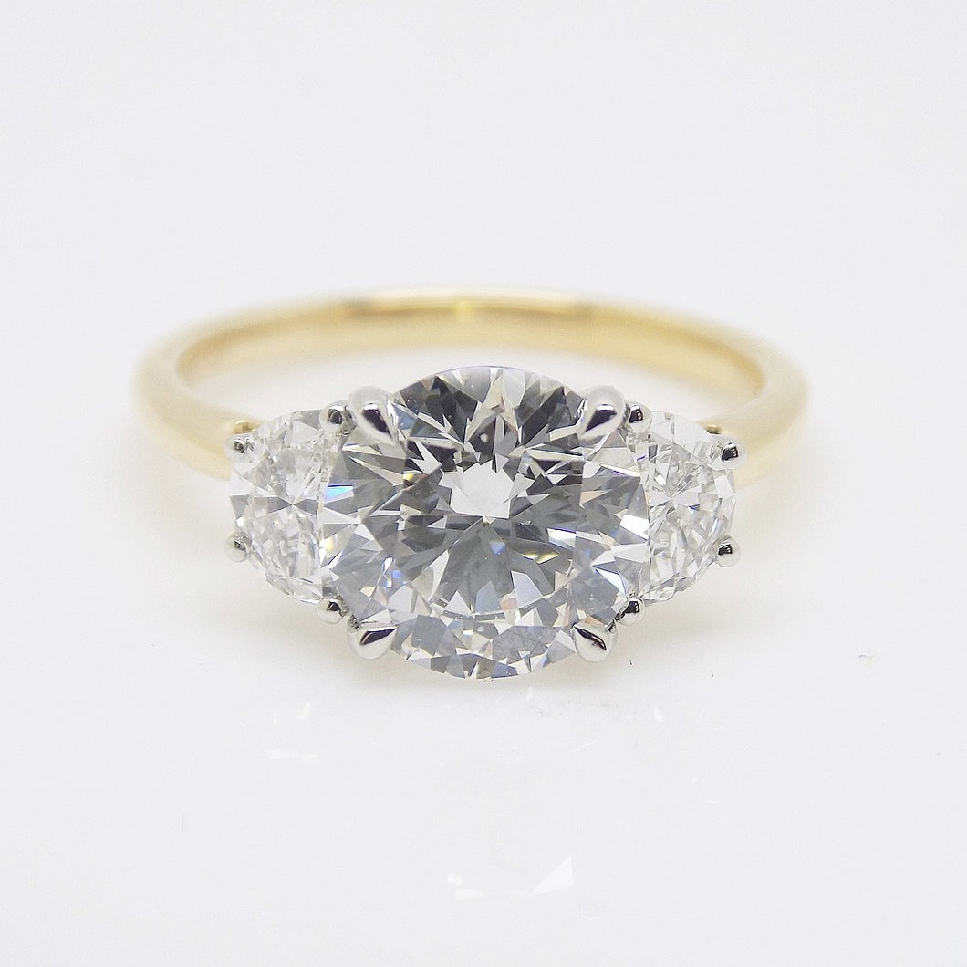 18CT YG and Platinum Head 3 Lab Grown Diamonds, Centre Round and 2 Half Moon Sides 2.48ct Engagement Ring SKU 7707111