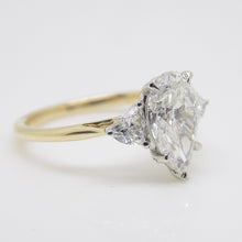Load image into Gallery viewer, 18CT YG and Platinum Head 3 Lab Grown Diamonds, Centre Pear and 2 Rounded Trillion Sides, 2.54ct Engagement Ring SKU 7707112
