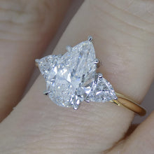 Load image into Gallery viewer, 18CT YG and Platinum Head 3 Lab Grown Diamonds, Centre Pear and 2 Rounded Trillion Sides, 2.54ct Engagement Ring SKU 7707112
