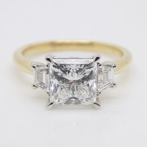 18CT YG and Platinum Head 3 Lab Grown Diamonds, Centre Princess Cut and Step Cut Trapezoid Sides 2.48ct Engagement Ring SKU 7707114
