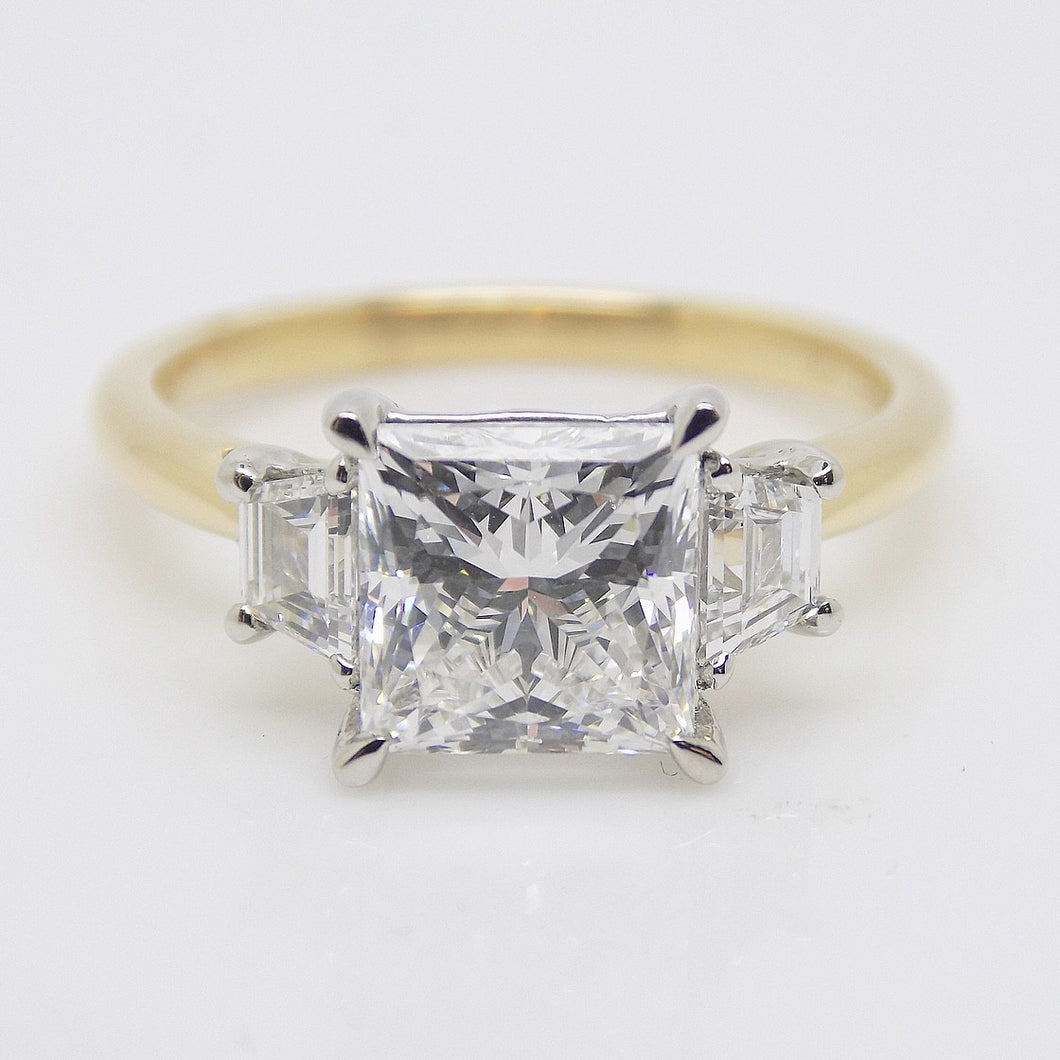 18CT YG and Platinum Head 3 Lab Grown Diamonds, Centre Princess Cut and Step Cut Trapezoid Sides 2.48ct Engagement Ring SKU 7707114