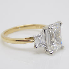 Load image into Gallery viewer, 18CT YG and Platinum Head 3 Lab Grown Diamonds, Centre Emerald Cut and side Step Cut Trapezoids 3.53ct Engagement Ring SKU 7707115
