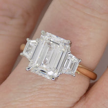Load image into Gallery viewer, 18CT YG and Platinum Head 3 Lab Grown Diamonds, Centre Emerald Cut and side Step Cut Trapezoids 3.53ct Engagement Ring SKU 7707115
