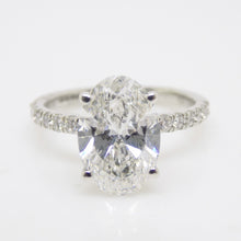 Load image into Gallery viewer, Platinum Oval Cut Lab Grown Diamond, Diamond Shoulder, Hidden Diamond Halo 3.45ct SKU 7707132
