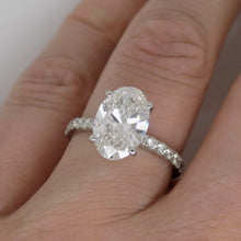 Load image into Gallery viewer, Platinum Oval Cut Lab Grown Diamond, Diamond Shoulder, Hidden Diamond Halo 3.45ct SKU 7707132
