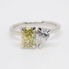 Load image into Gallery viewer, Platinum &quot;Toi et Moi&quot; Lab Grown 1.01ct Rectangular Fancy Vivid Yellow Diamond with Lab Grown 0.51ct Pear Diamond Ring SKU 7708001
