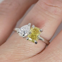 Load image into Gallery viewer, Platinum &quot;Toi et Moi&quot; Lab Grown 1.01ct Rectangular Fancy Vivid Yellow Diamond with Lab Grown 0.51ct Pear Diamond Ring SKU 7708001
