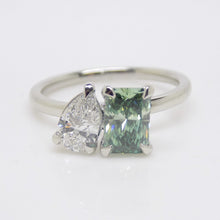 Load image into Gallery viewer, Platinum &quot;Toi et Moi&quot; Lab Grown 1.03ct Rectangular Fancy Vivid Green Diamond with Lab Grown 0.52ct Pear Diamond Ring SKU 7708003
