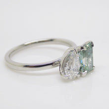 Load image into Gallery viewer, Platinum &quot;Toi et Moi&quot; Lab Grown 1.03ct Rectangular Fancy Vivid Green Diamond with Lab Grown 0.52ct Pear Diamond Ring SKU 7708003
