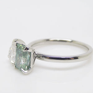 Platinum "Toi et Moi" Lab Grown 1.03ct Rectangular Fancy Vivid Green Diamond with Lab Grown 0.52ct Pear Diamond Ring SKU 7708003