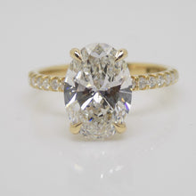Load image into Gallery viewer, 18ct Yellow Gold Talon Claw Oval Lab Grown Diamond, Lab Grown Diamond Shoulders &amp; Hidden Halo 3.28ct SKU 7711001

